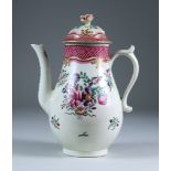 A Worcester Coffee Pot and Cover, Circa 1770, enamelled in Famille Rose colours of flowering sprays,