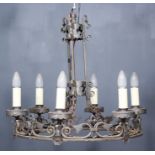 A Wrought Iron Circular Six Light Electrolier in "Baronial" Style, 21.25ins diameter, a painted