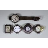 Five Early 20th Century Silver Cased Wrist Watches, various dates and makers
