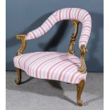 A Victorian Gilt Framed Corner Chair, the shaped back with scroll splat, upholstered in red stripe