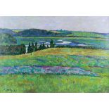 20th Century Russian School - Oil painting - View looking across fields to a river in old age,