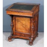 A Victorian Figured Walnut Davenport, with moulded edge to top, leather lined slope enclosing two