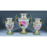 A Garniture of Three Derby Two-Handled Campagna Shaped Vases, Early 19th Century, the central panels