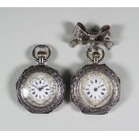Two Early 20th Century Swiss Lady's Silver and Enamel Fob Watches, the white enamel dials with Roman