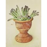 ***Miriam Escofet (born 1967) - Watercolour - Still life with asparagus in a turned wooden bowl,