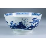 A Worcester Bowl, Circa 1765-1775, painted in blue with the "Precipice" pattern, crescent mark, 6.