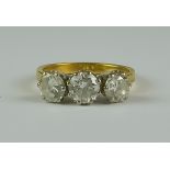 A Three Stone Diamond Ring, 20th Century, yellow metal set with three old European cut diamonds,