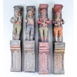 Four Continental Carved and Painted Oak Pilasters of Musicians, 19th Century, each 3ins x 21ins
