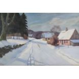 ***Marius Nielsen (1882-1971) - Oil painting - Winter street scene with houses, signed, canvas 23.