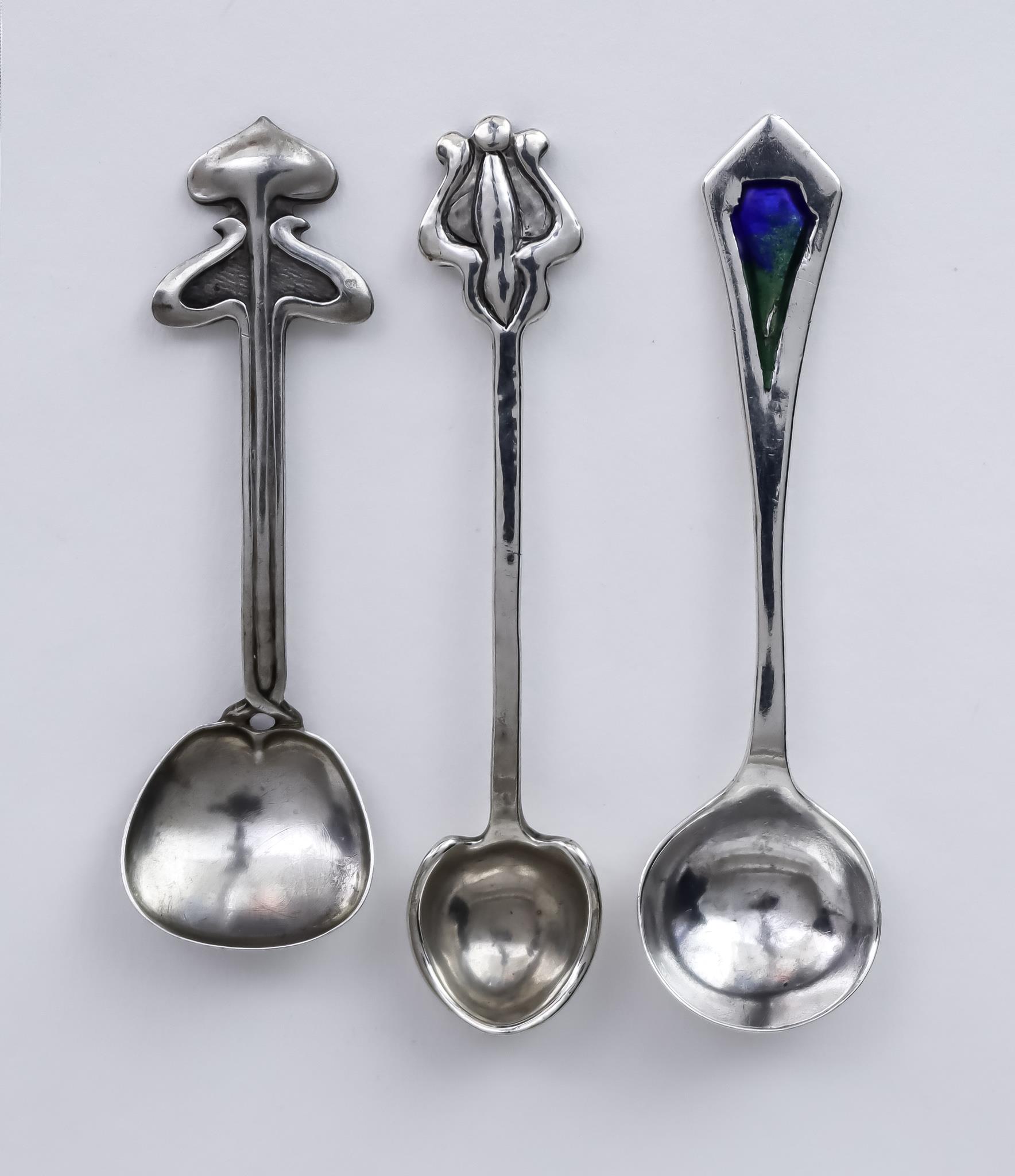 Three Edward VII Arts & Crafts Silver Salt Spoons, one by Liberty & Co, Birmingham 1901, with oval