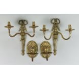A Pair of Cast Brass Twin Light Wall Lights, 20th Century, with reeded plain arms, the back plate