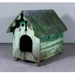 A French Green Painted Wood Dog's Kennel, with lead covered roof, the front of shaped outline with a