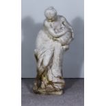 A Weathered Marble Statue of a Semi-Nude Classical Maiden, holding upturned urn of water, on