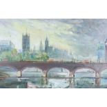 ***Michael Chapman (born 1933) - Oil painting - "Westminster from the Albert Embankment. Study 1, St