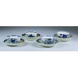 Four Worcester Blue and White Tea Bowls and Saucers, comprising - "Fruit and Wreath" pattern,