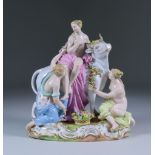A Meissen Porcelain Figural Group of Europa and The Bull, 20th Century, with blue crossed swords