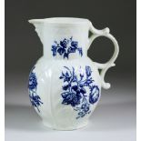 A Worcester Press Moulded Cabbage Leaf Mask Jug, Circa 1760-1770, printed in blue with the "