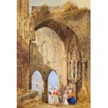 Manner of Samuel Prout (1783-1852) - Watercolour - Women in a devotional attitude in a ruined