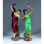 A Pair of French Painted Spelter Figures of Dancing Maidens, 19th Century, 17.5ins high