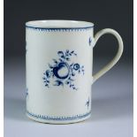 A Worcester Tankard, Circa 1775-1785, painted in blue with the "Fruit Sprays" pattern, crescent