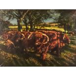 *** Kenneth Newton (1933-1984) - Oil painting - Herd of highland cattle at Mount Pleasant,