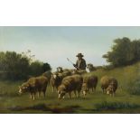 Edouard Woutermaertens (1819-1897) - Oil painting - A shepherd tending his flock, signed, mahogany