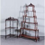 Two Victorian Mahogany Serpentine Fronted Whatnots, the six-tier whatnot with leaf scroll