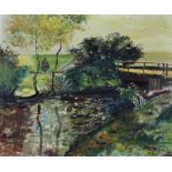 H. Jorgensen (20th Century) - Oil painting - Rural landscape with river and bridge, signed and dated