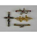 A Mixed Lot of Seed Pearl and Gem Set Items, comprising - 15ct gold bar brooch set with seed pearls,