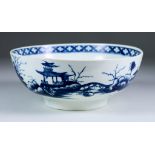 A Worcester Bowl, Circa 1765-1775, painted in blue with the "Precipice" pattern, crescent mark, 8.