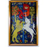 Three English Woolwork Panels of Armorial Bearings, 20th Century, comprising - Lion and Unicorn