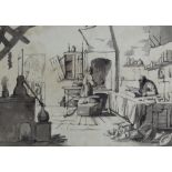 18th Century Continental School - Ink and wash drawing - "The Alchemist", 9.75ins x 14ins, framed