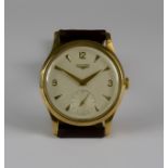 A Longines Wristwatch, 20th Century, 9ct gold cased, serial No. 208723,the cream dial with Arabic
