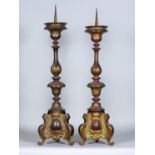 A Pair of Continental Copper and Brass Pricket Candlesticks, 20th Century, with baluster knopped
