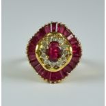 A Ruby and Diamond Cluster Ring, Modern, 18ct gold set with a central ruby, approximately .50ct,