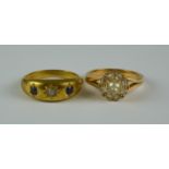 Two 18ct Gold Gem Set Rings, Modern, one set with two blue and one white stone, size N, the other of