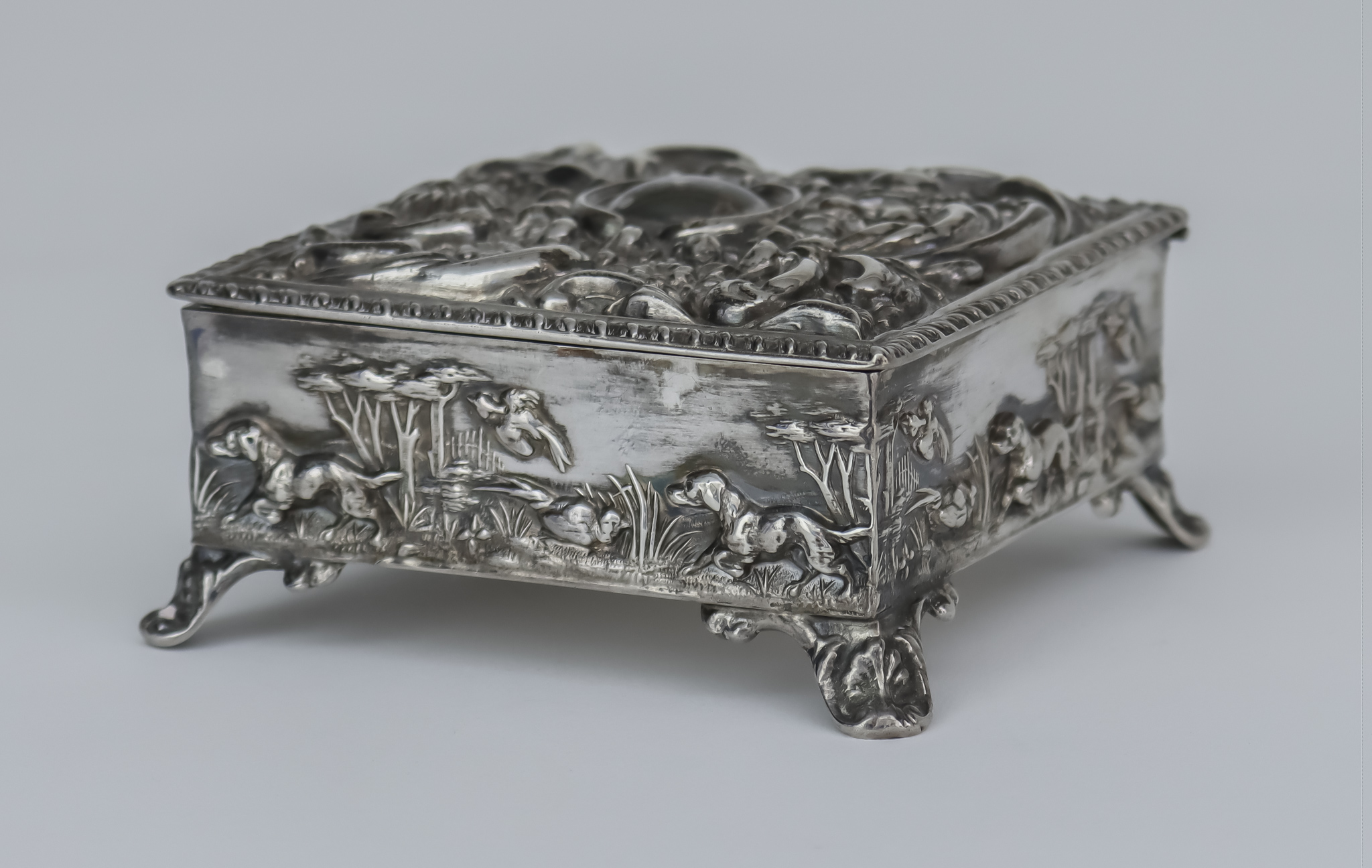 An Edward VII Silver Square Dressing Table Box, by Thomas Hayes, Birmingham 1902, the cover with