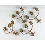A Set of Four Triple Light Brass Wall Lights, 20th Century, of early 18th Century design, 12ins wide