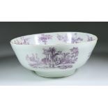A Rare Worcester Punch Bowl, Circa 1765-1770, printed in lilac with prints after Robert Hancock, the
