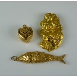 A Mixed Lot of 9ct Gold Pendants, Modern, comprising - articulated fish 46mm, flattened abstract