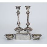 A Pair of George III Silver Gilt Rectangular Salts and mixed silverware, the salts by Alice and