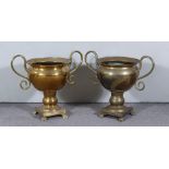 A Pair of 19th Century Brass Two-Handled Urn Pattern Vases, with bold scroll handles, on square