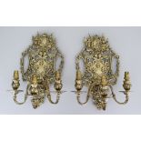 A Pair of Cast Brass French Three-Light Candle Sconces, 20th Century, the back plates cast with