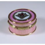A Modern Two Colour Gold Metal Enamel Ruby and Diamond Set Circular Box, the lid set with oval