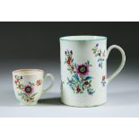A Worcester Tankard, Circa 1770, enamelled in colours with sprays of European flowers outlined in