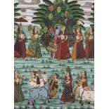 20th Century Indian School - Watercolour and gouache on silk - Krishna and Radha (?) with attendants