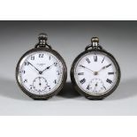 Three Silver Cased Open Faced Keyless Pocket Watches, and a Plated Cased Pocket Watch, one by J.W.