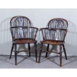 A Pair of 19th Century Nottinghamshire Yew and Elm Seated Windsor Armchairs, with two-tier stick