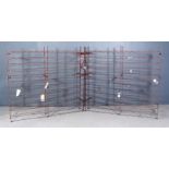 Two Red Painted Metal Twelve-Tier Wine Racks, to hold 168 bottles, each 55.5ins wide x 11ins deep