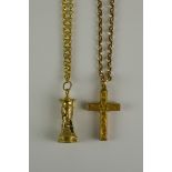 A Mixed Lot of 9ct Gold, comprising, belcher chain, 420mm overall with suspended cross and another